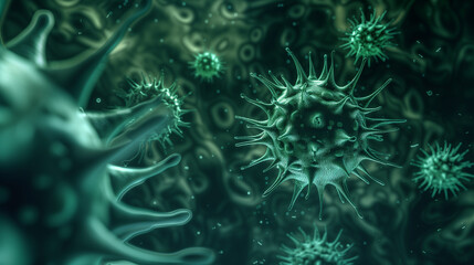 3D illustration of green virus particles in a microscopic view, representing the concept of infection or a pandemic