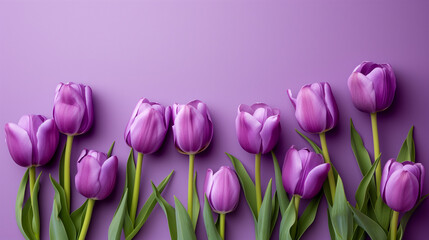 A row of vibrant purple tulips with green leaves on a complementary purple background, suitable for spring-themed or Mother's Day concepts