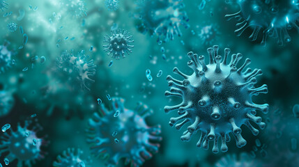 Digital illustration of numerous blue virus particles against a teal background, symbolizing health concepts and the spread of infectious diseases