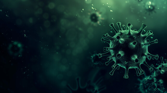 3D illustration of green virus particles on a dark background, symbolizing scientific concepts of virology and infectious diseases - Powered by Adobe