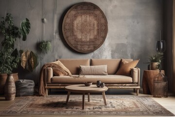 Mock up of a rustic bohemian living room in dark and beige tones. Modern wallpaper, furniture, and decorations. modern interior decor
