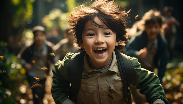 Smiling child enjoys nature, playful boys have fun outdoors generated by AI