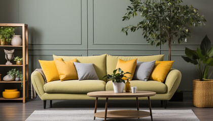 Modern apartment with comfortable sofa, elegant chair, and wooden flooring generated by AI