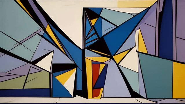 A modern, abstract geometric painting with sharp lines and contrasting colors, evoking a sense of dynamic movement.