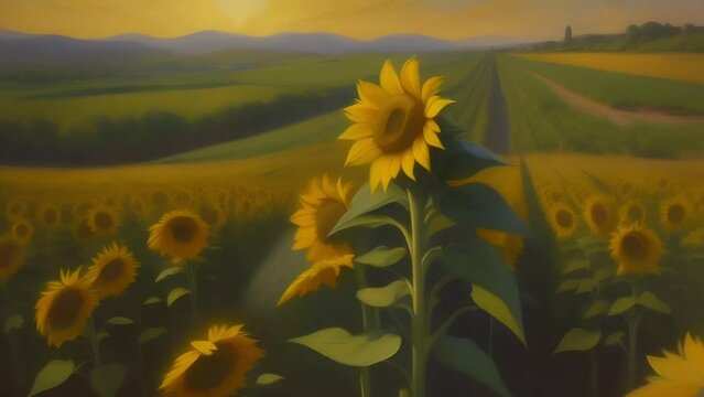 A sunflower field at sunset, with rays of light painting the landscape in a golden hue.