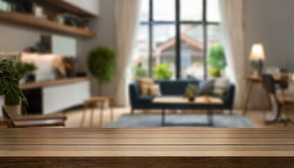 Empty wooden tabletop with blurred living room background, modern living room with Wood table with blurred modern apartment interior background, modern living room with pool