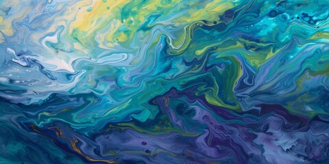 Swirling storm of vibrant colors, blending blues and greens in an abstract, fluid pattern