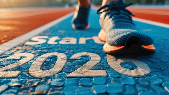 A running or walking track with letters marked "Start 2026". Training track with text "Start 2026". Starting the year off on the right foot. Happy New Year.