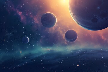 tranquility of a cosmic landscape surrounded by planets