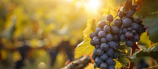 Autumn sunlight illuminating mature grapes on the vine.