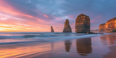 Two of the twelve apostles at sunrise from Gibsons beach, Great Ocean Road, Victoria, Australia - obrazy, fototapety, plakaty