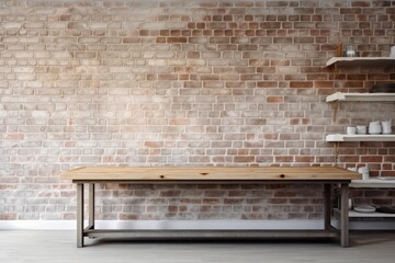 backdrop, layout, and template. a shelf and an empty table against a pale brick wall. kitchen island counter