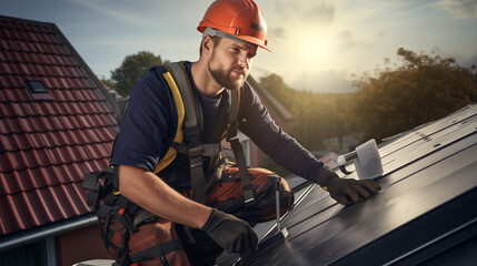 electrical engineer or worker installing solar panels or tiles at roof of a house, environmental friendly green energy  - obrazy, fototapety, plakaty