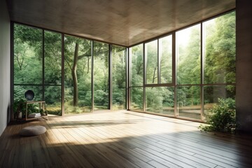 Stylish, open interior space with a parquet floor and a view of the forest. green, decorative, mockup, and backdrop