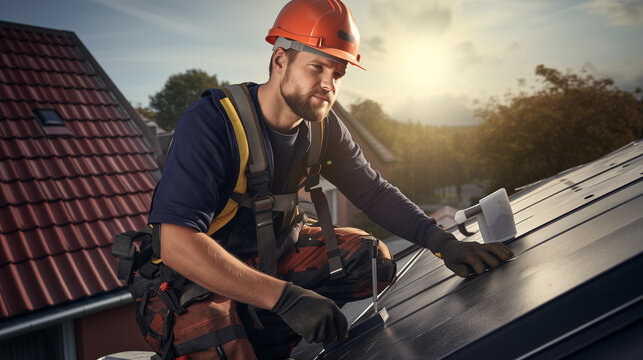 electrical engineer or worker installing solar panels or tiles at roof of a house, environmental friendly green energy 