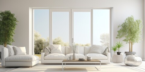 Fototapeta premium Trendy living room with white sofa and glass doors.