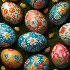 Decorated easter eggs chicken eggs with painted flowers and leaves on