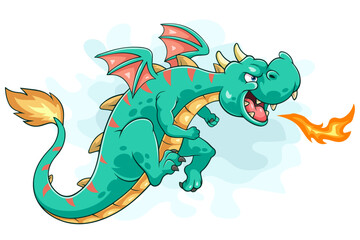 Cartoon dragon posing by spitting fire - obrazy, fototapety, plakaty