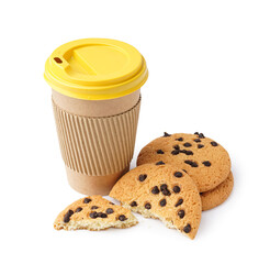 Tasty cookies with chocolate chips and paper cup on white background