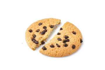 Tasty broken cookie with chocolate chips on white background