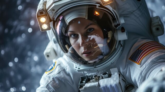 portrait of Caucasian female astronaut during spacewalk