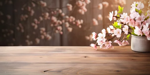 Fotobehang Wooden table adorned with spring blossoms as a backdrop decoration. © Vusal