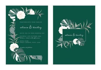 Wedding invitation template, elegant green floral on dark green - 725216006