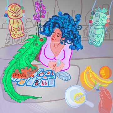 esoteric girl with lizard and tarot cards