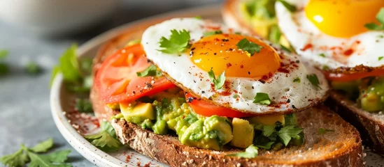 Tuinposter Nutritious breakfast sandwiches with avocado salsa and egg on toast. © 2rogan