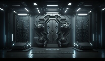 Sci Fi Dark Futuristic Sci Fi Metal Mesh Panels Alien Spaceship Studio Showroom Garage Background Hangar Room Corridor Cyber Studio Lights 3D Rendering