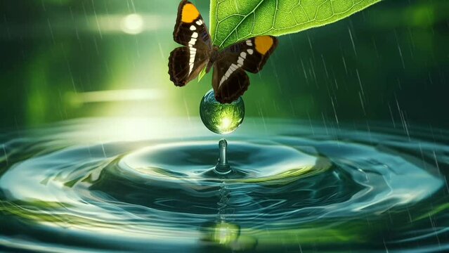 drop of water. video loop of a butterfly on a leaf that hatches in water