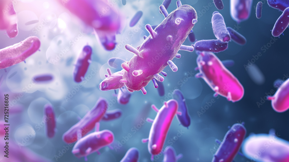 Poster digital illustration of clostridium botulinum bacteria and viruses floating in a microscopic view, s