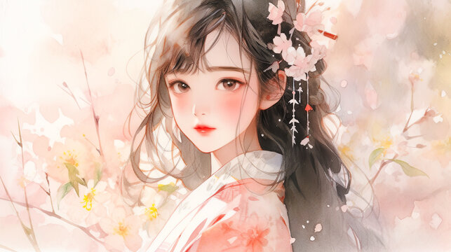 桜と着物姿の若い女性の水彩イラスト