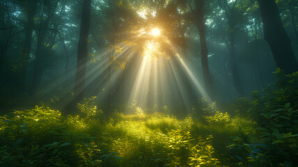 Sunlight beams filter majestically through the mist in a lush, green woodland.
 - obrazy, fototapety, plakaty