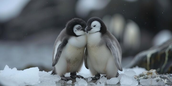 Two penguins stand kissed on melting ice in Arctic Ocean global warming concept, generative ai