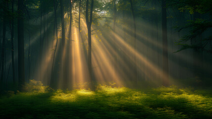 Sunlight beams filter majestically through the mist in a lush, green woodland.
