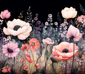 Watercolor flowers floral background, black background, realistic landscapes with soft edges, french countryside, pink and beige.Perfect for backgrounds, cards, wallpapers, Wall Arts, 