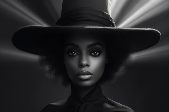 Vintage elegance, A black and white themed portrait capturing the beauty and glamour of a black woman in a stylish hat, with retro vibes and sensuous eyes