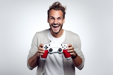 Focused Caucasian man exhibits his enthusiasm for gaming, skillfully manipulating a joystick, his dedication to immersive world of virtual entertainment. Generative AI.