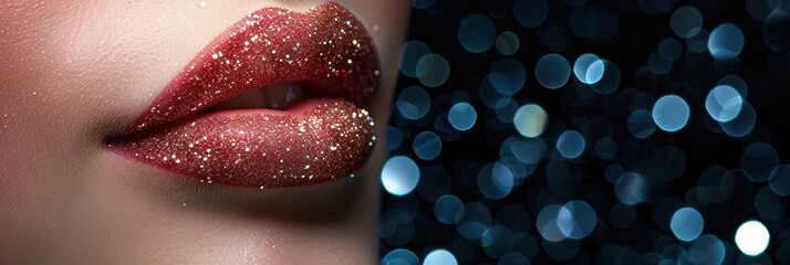 glittering lipstick on closeup of woman's lips with bokeh background for beauty concept - obrazy, fototapety, plakaty