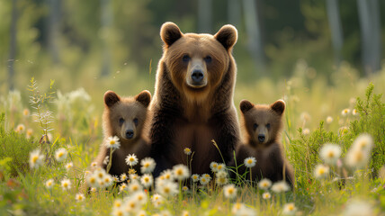 Protective mother bears sitting with her adorable cubs among wildflowers in a sunlit forest clearing.
