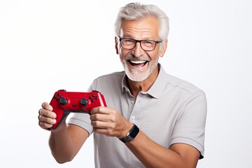 Focused Caucasian man exhibits his enthusiasm for gaming, skillfully manipulating a joystick, his dedication to immersive world of virtual entertainment. Generative AI.