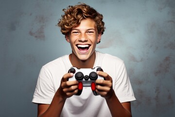 Focused Caucasian man exhibits his enthusiasm for gaming, skillfully manipulating a joystick, his dedication to immersive world of virtual entertainment. Generative AI.