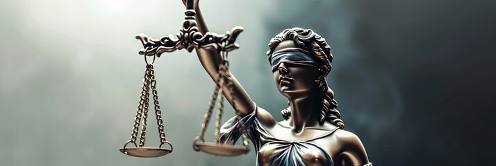 blind lady justice holding scales of justice banner with plenty of blank copy space for legal, law, political, court usage - obrazy, fototapety, plakaty