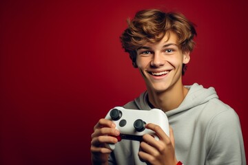 Focused Caucasian man exhibits his enthusiasm for gaming, skillfully manipulating a joystick, his dedication to immersive world of virtual entertainment. Generative AI.