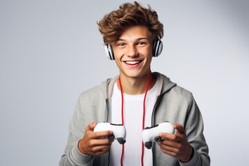 Focused Caucasian man exhibits his enthusiasm for gaming, skillfully manipulating a joystick, his dedication to immersive world of virtual entertainment. Generative AI.