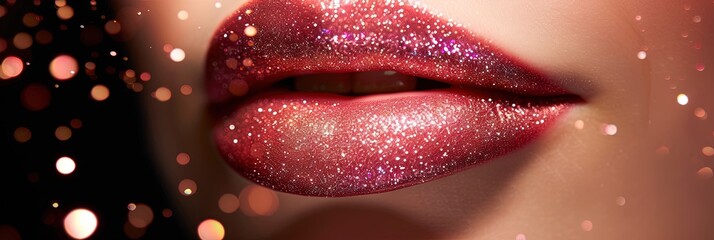 glittering lipstick on closeup of woman's lips with bokeh background for beauty concept - obrazy, fototapety, plakaty