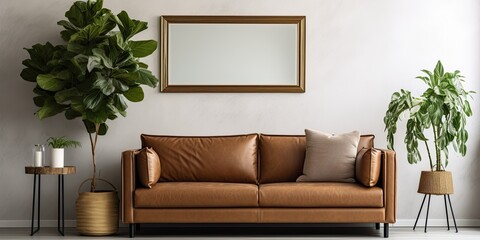 Contemporary living room with brown eco leather couch, golden-framed mirror, wall picture frame, and potted houseplant.