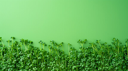Vibrant green background with a place for text featuring a lush border of fresh microgreens suitable for spring-themed or healthy living concepts - obrazy, fototapety, plakaty