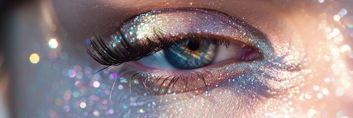 closeup photo of woman's eye with eyeliner and eye shadow, glittering and bokeh background beauty concept - obrazy, fototapety, plakaty